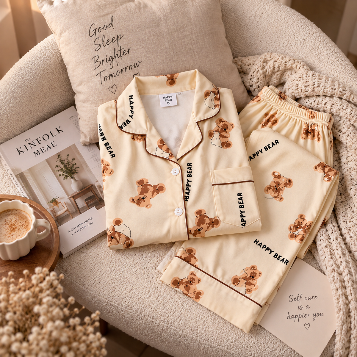 بيجاما نسائية ناعمة بطبعة الدب 🧸 – طقم بلوزة وبنطلون مريح للبيت والنوم