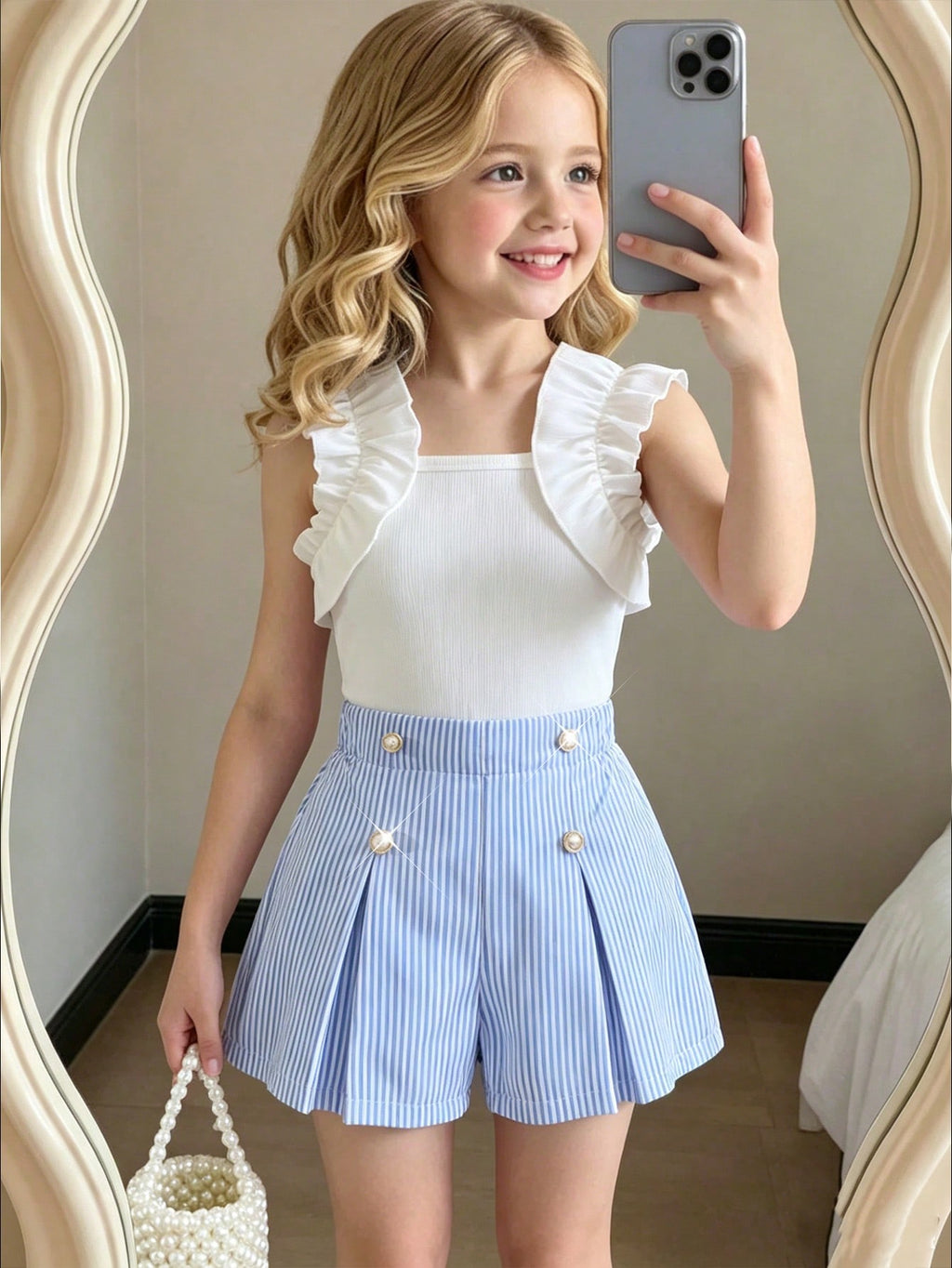 لوك صيفي يهبل للبنات 🌸 بلوزة بيضاء وشورت مخطط